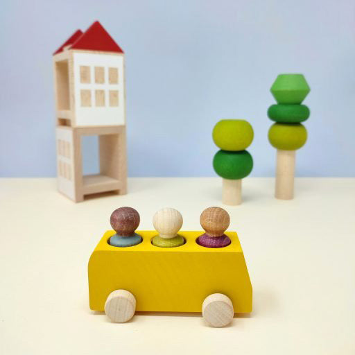 Wooden bus with figures - yellow