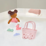 Pre-order | Knuffelbadpop in mand met accessoires - Meisje bruin haar